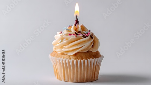 Delicious Birthday Cupcake with Creamy Frosting and Candle Flame