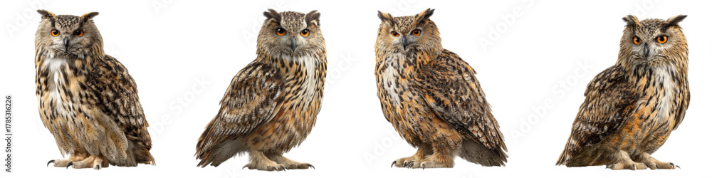 Naklejka premium Majestic Eurasian Eagle Owls in a Row, Four Birds with Intense Gaze, Wildlife Art, Nature Illustration, Striking Avian Creatures, Detailed Plumage, Beautiful Owl Portrait