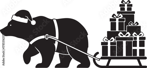 Holiday Bear in Santa Hat pulling a Sleigh laden with Gifts and Presents - Christmas Delivery Illustration