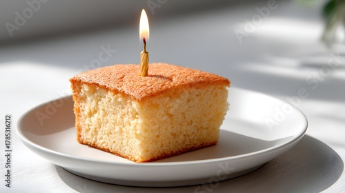 Single Slice of Celebration Cake with Candle on Plate