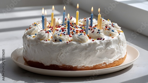 Simple White Frosted Cake with Colorful Candles and Sprinkles