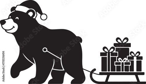 Christmas Bear Pulling Sleigh with Gifts, Presents, or Holiday Deliveries - Festive Silhouette Illustration