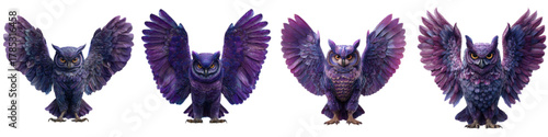 Majestic purple owl guardians, wings spread wide, captured in a series of dynamic poses revealing their striking plumage, perfect for fantasy art and mystical designs