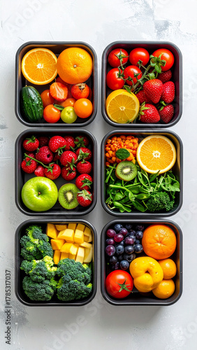 Top-down flat lay of organized meal prep boxes, packed with a variety of colorful fresh fruits and vegetables, minimalist background, balanced composition, bright and cheerful mood