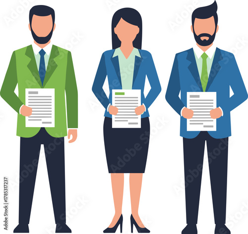 Business team illustration holding documents, office professionals, corporate presentation, teamwork and management concept, leadership and communication in workplace