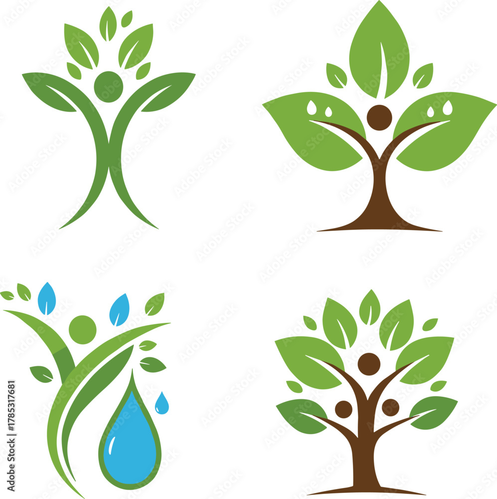 Fototapeta premium Eco human tree logo set, green nature design, sustainability growth concept, organic health, environment care, natural life symbol
