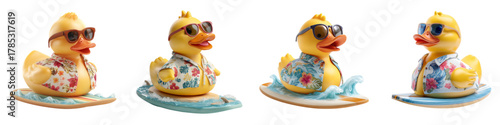 Adorable rubber ducks ready for summer fun, surfing with sunglasses and Hawaiian shirts, perfect for vacation vibes and playful designs, originally a scalable vector graphic