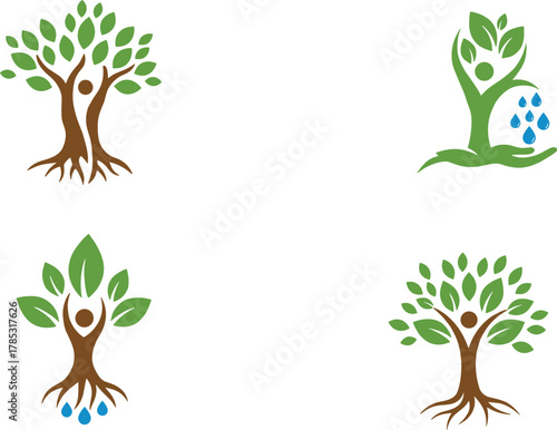 Eco human tree logo collection, green nature design, sustainability and growth symbol, organic life, environmental care, natural wellness concept