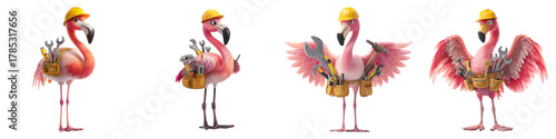 Whimsical pink flamingo cartoon characters in builder outfits, quirky construction crew ready for repairs, a playful take on tradespeople with tropical flair!