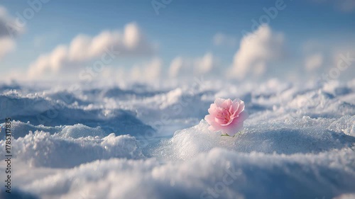 雪原に咲くピンク色の一輪の花のイメージ風景