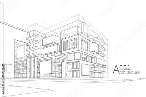 3D abstract urban architecture outlined in black and white, showcasing imaginative construction and perspective.