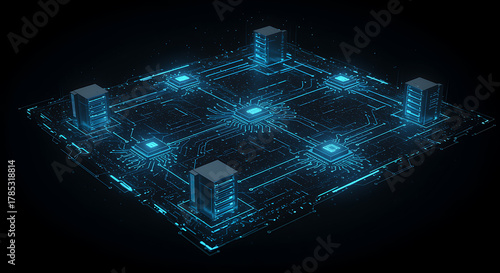 An abstract representation of a digital network with glowing nodes and connections, symbolizing data flow, connectivity, and the architecture of a complex computing system