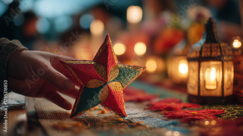 Las Posadas in Mexico Capturing the festive spirit with a handmade star ornament under the warm glow of candlelight