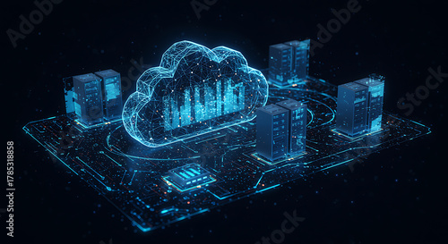 Futuristic cloud computing concept with glowing nodes and server racks, symbolizing data storage, network infrastructure, and digital transformation in a hightech environment