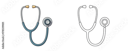 Cartoon vector illustration of a medical stethoscope in blue and gray colors on a white background for a health care icon