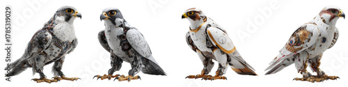 Majestic falcon quartet showcasing unique plumage designs, perfect for nature documentaries or wildlife conservation campaigns with a touch of artistic flair
