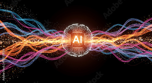 A glowing ai core emits vibrant energy streams, symbolizing artificial intelligence and its transformative power, illustrating the convergence of technology and innovation