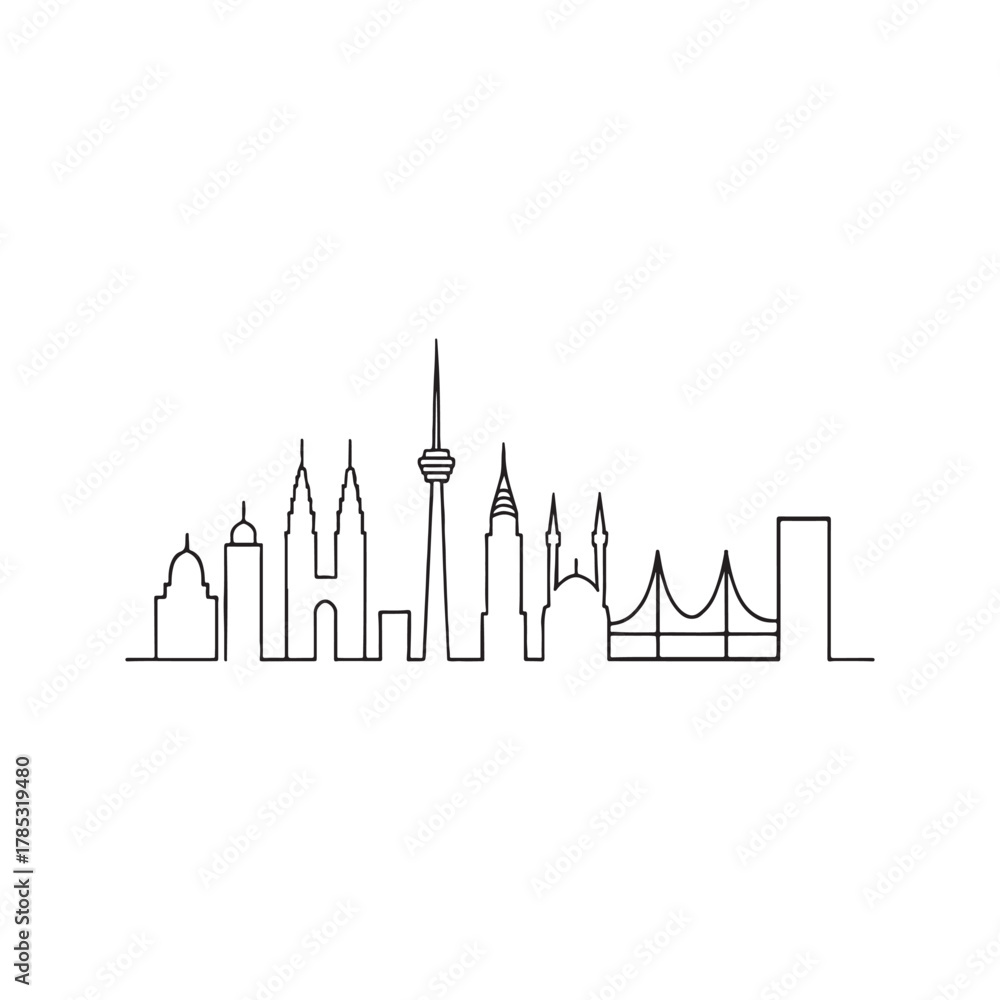 Obraz premium Minimalist city skyline illustration with iconic buildings in a sleek line art style great for urban design projects