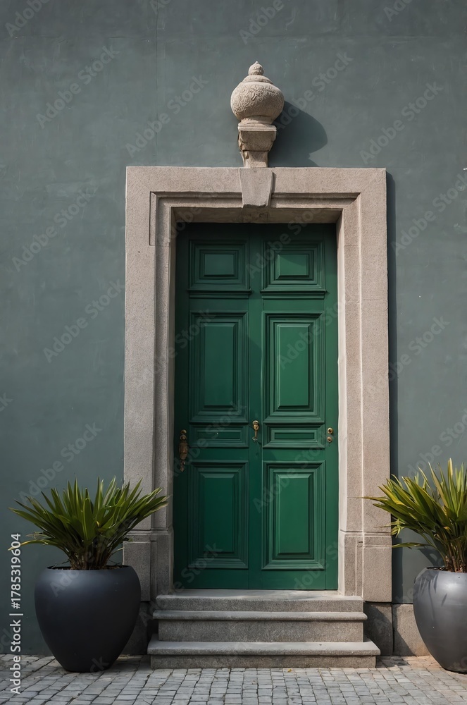 Fototapeta premium Portrait of green door on gray wall background, beautiful architecture aesthetic concept