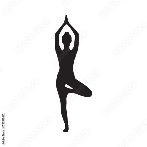 Silhouette of a woman in tree pose representing yoga fitness and wellbeing for balanced lifestyle and mindfulness