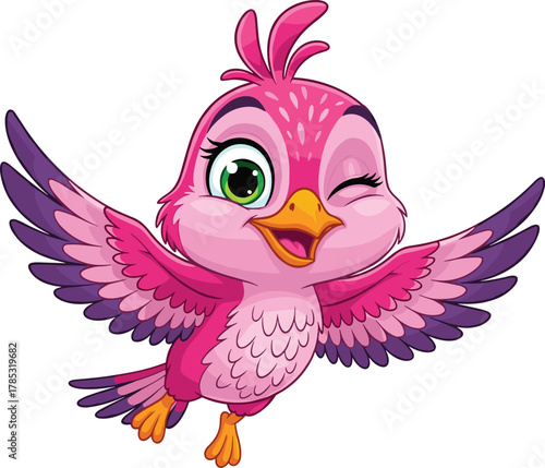 Cute pink cartoon bird winking with open wings, adorable flying mascot character illustration, cheerful and colorful animal design for kids, animation