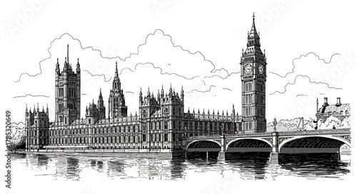 Houses of Parliament drawing capturing the iconic london skyline reflected on the river thames at daytime perfect for travel tourism and uk history
