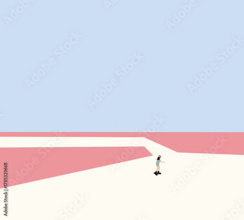 Girl playing rollercoaster in skate ramp at countryside during daylight training. Extreme sports ground

