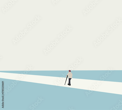 Old man with walking cane on minimal modern pathway in public park. Outdoor lifestyle retirement.