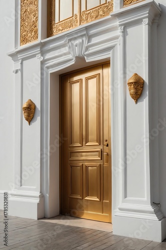 Portrait of gold door on white wall background, beautiful architecture aesthetic concept