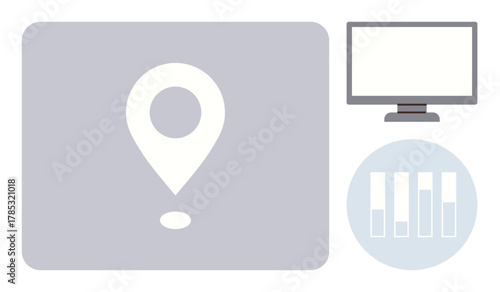 Location pin in focus with a monitor and bar chart emphasizing digital connectivity, data analysis, and geographical insights. Ideal for analytics, data tracking, mapping, navigation, technology