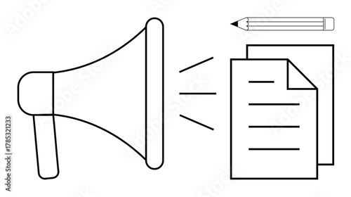 Megaphone facing documents, pencil above, symbolizing marketing, communication, content creation. Ideal for advertising, messaging, promotion, productivity public relations branding simple flat