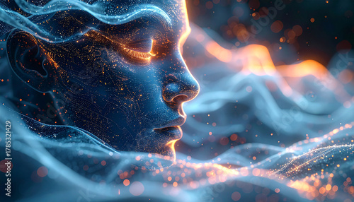 Serene Essence of Being: An ethereal visage emerges amidst flowing energy, capturing the essence of calm and introspection, bathed in a celestial glow.