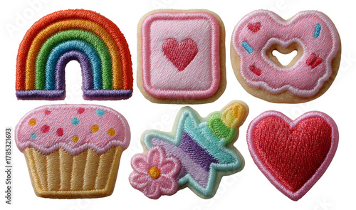 Colorful Embroidered Patches Featuring Cupcake, Donut, Heart, and Rainbow