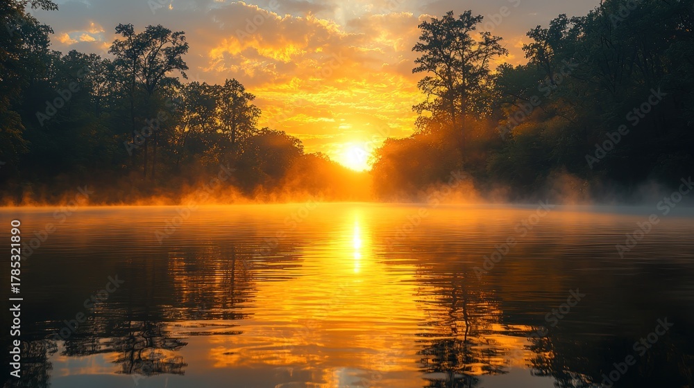 Obraz premium Golden sunrise over a misty river, trees lining the banks