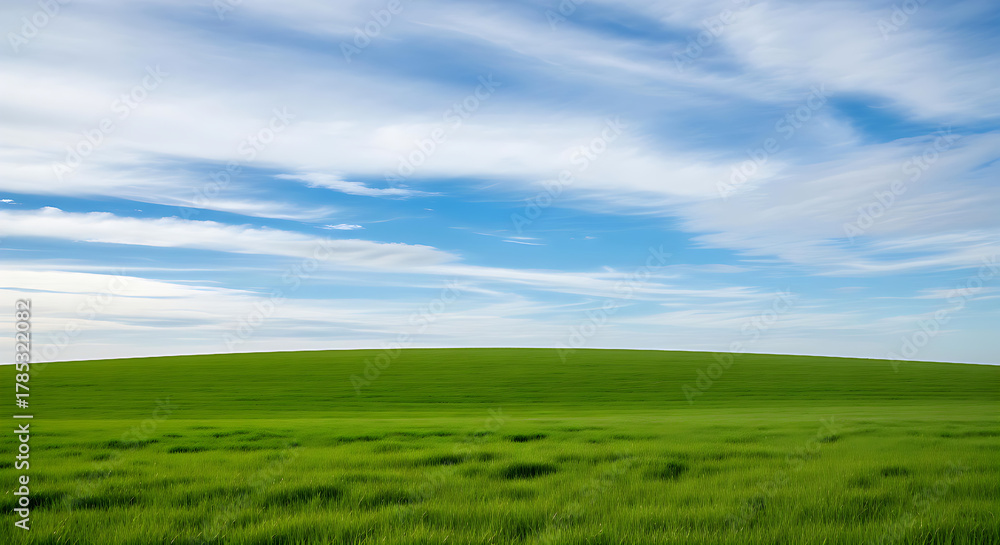 Obraz premium Vast rolling green meadow under a bright blue sky with wispy white clouds creating a serene and expansive natural landscape.