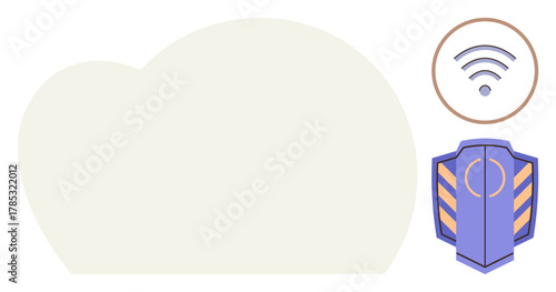 Cloud shape, wireless signal icon, and shield representing data storage, secure networking, and protection. Ideal for cybersecurity, data management, remote access, privacy communication storage