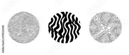 Set of abstract circular line textures with organic wave distortion