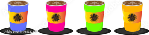 A set of four bright and colorful vector illustrations of takeaway coffee cups, each featuring detailed latte art, a distinctive black/yellow/orange coffee bean cycle logo label, and presented in var