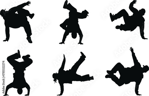 Silhouettes of male breakdancers performing acrobatic power moves and freezes, representing hip-hop culture, street dance, b-boying, athletic skill, and 
