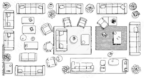 furniture floor plan layouts displaying sofas tables chairs on white background perfect for architectural design interior visualization space planning layout design