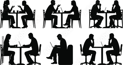 Silhouettes of business people meeting, collaborating, and working on laptops at tables, representing teamwork, discussion, job interview, coffee break, and office communication vector set.