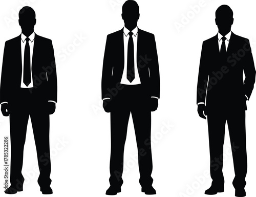 Silhouettes of three confident businessmen in suits and ties, standing in full length, representing corporate leadership, executives, professionalism, success, and formal business attire vector set.