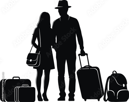 Silhouette of a stylish travel couple standing with multiple luggage pieces, ready for a luxurious vacation, adventure, honeymoon, or romantic international journey and departure concept.