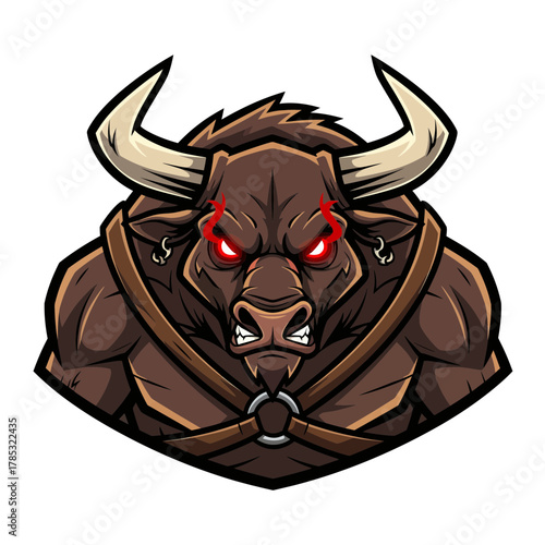 Fierce minotaur bull head with glowing red eyes and a powerful muscular body, a symbol of strength