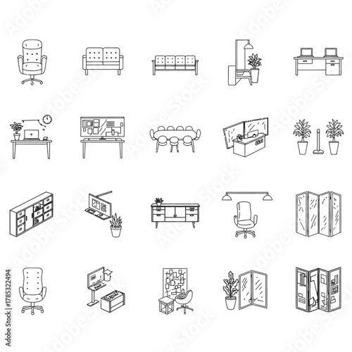 office furniture line art depicting modern office interiors for creating layouts or interior design plans for business environments office planning