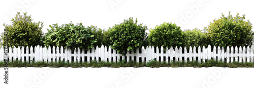 White picket fence with green bushes in front of it