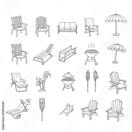 outdoor furniture line art icons sun loungers chairs and grills for summer patio decor and backyard barbecue designs ideal for home improvement blogs