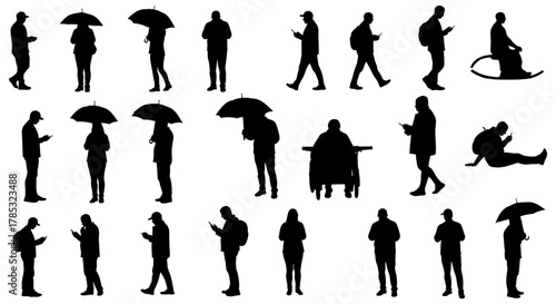 Silhouettes of people using phones walking under umbrellas and sitting depicting urban lifestyle and digital connectivity on the go.
