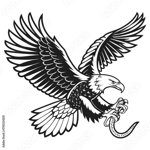  Majestic Eagle in Flight: A powerful eagle soars with a snake in its talons, embodying strength and freedom. Illustrated in bold black and white.