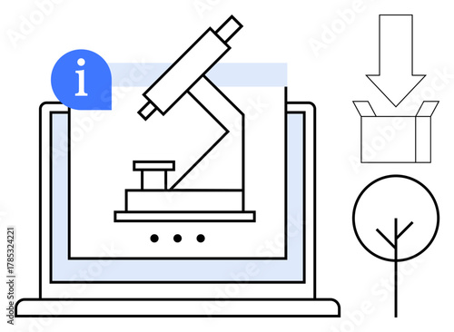 Microscope displayed on laptop screen representing online research, alongside information, download, and sustainability elements. Ideal for science, education, research, digital platforms